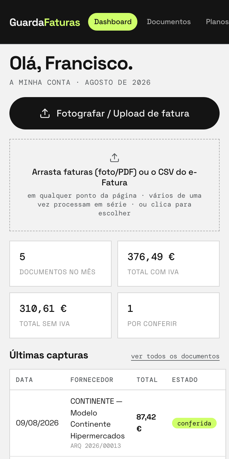 O dashboard real do GuardaFaturas no telemóvel